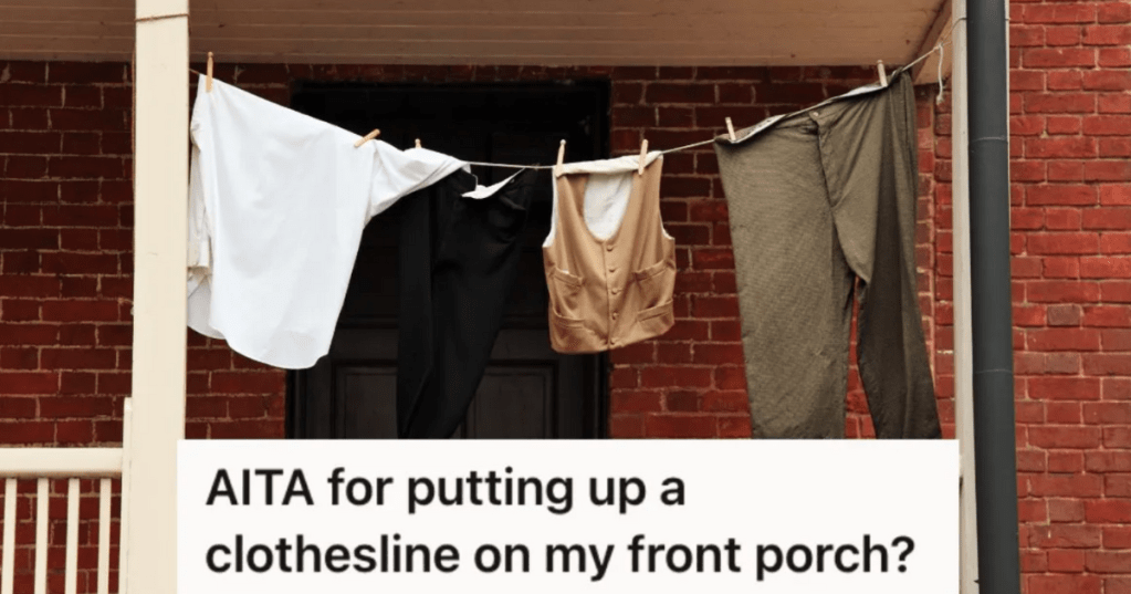 laundry hanging on clothesline on a house's front porch