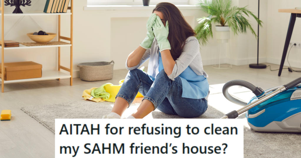 woman sits on the floor covering her face with cleaning supplies around her