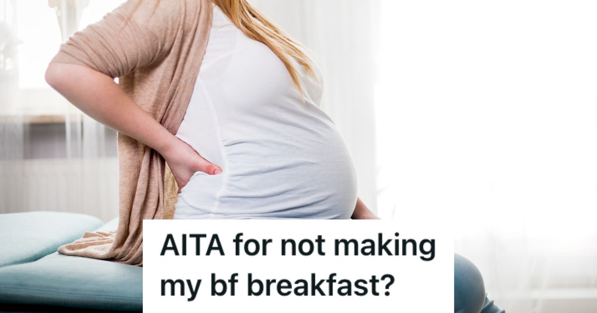 Pregnant Woman Asked Her Boyfriend To Make Her Something For Breakfast, But He Refused And Expected Her To Make Him Breakfast pregnant woman sitting and feeling her back pain