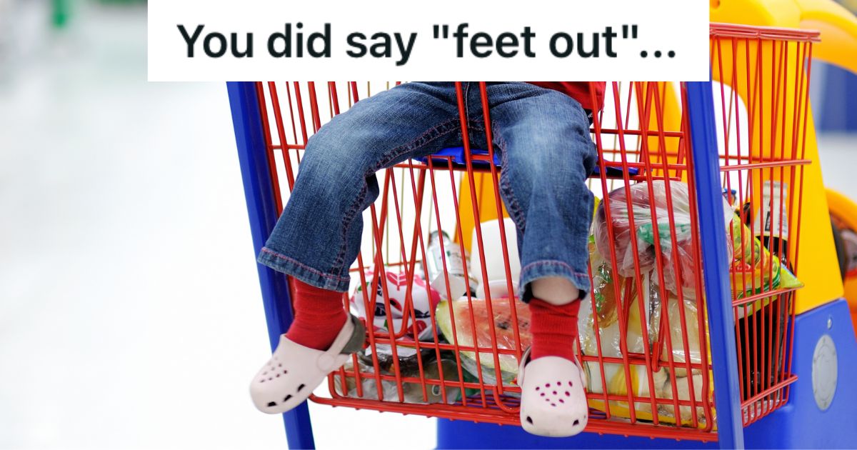 toddler sitting in a shopping cart seat with his legs hanging out