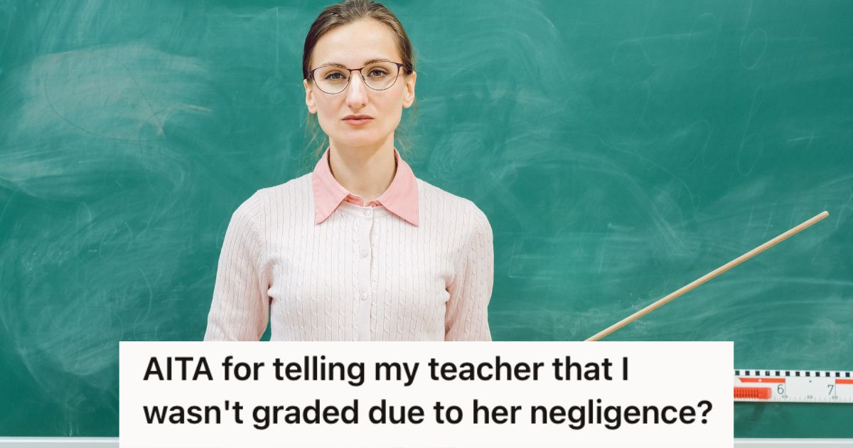 teacher with a serious face holding a wooden stick in front of the blackboard