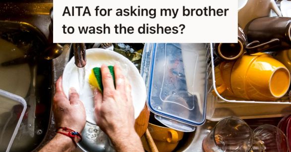 sink filled with dirty dishes and a person washing them one by one