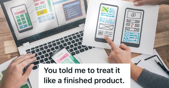 An app mockup design drawn on papers alongside a laptop showing the same design