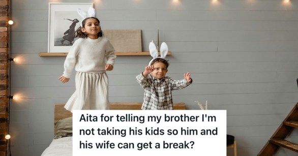 A Girl Jumping on Bed Beside a Boy Wearing Bunny Ears Headband