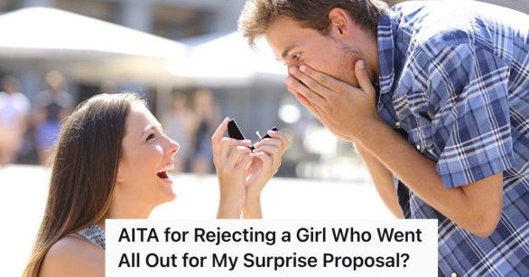 Woman holding a ring and proposing to a man