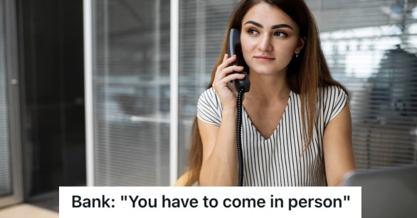 Woman working in the bank holding a landline phone