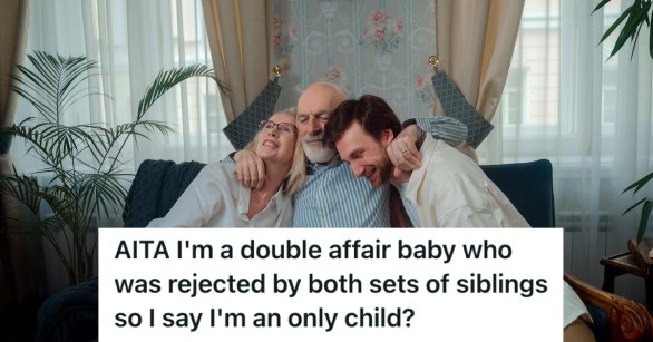 Family with adult son and elderly parents happily hugging each other