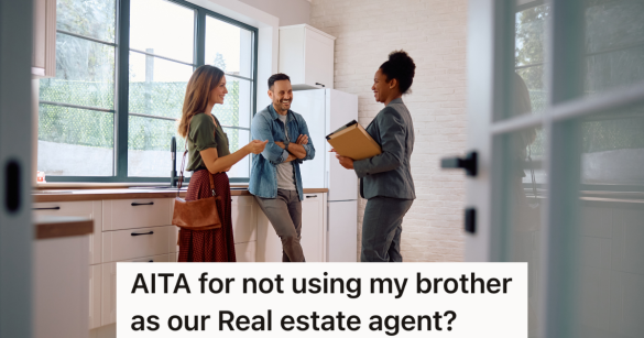 two women and a man stand in a white kitchen