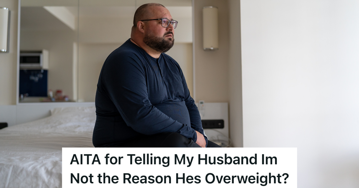 overweight man sits on the edge of a bed