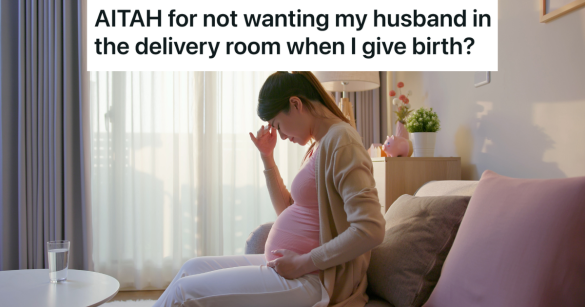 stressed pregnant woman sits on the couch