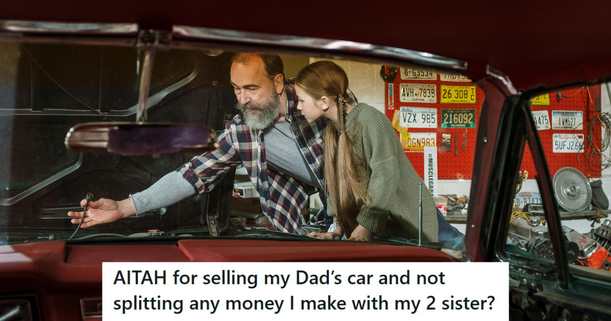 older man and little girl look at an old car