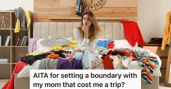 young woman sitting on messy bed