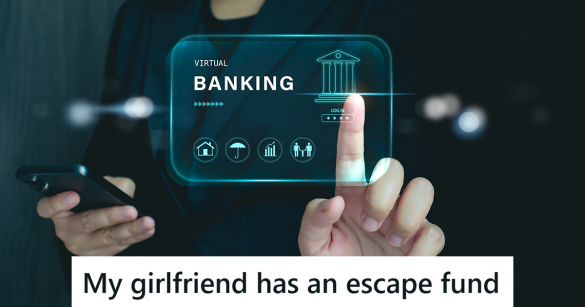 a woman interacts with a futuristic banking app