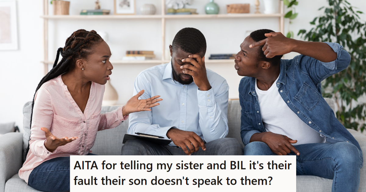 two men and one woman sit on a couch arguing