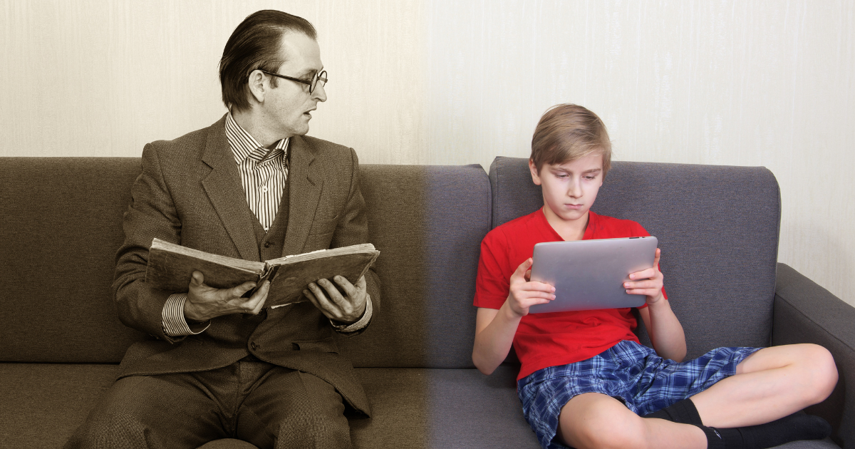 Split screen of an old timey man with a book in sepia looking at a young kid with a tablet in color