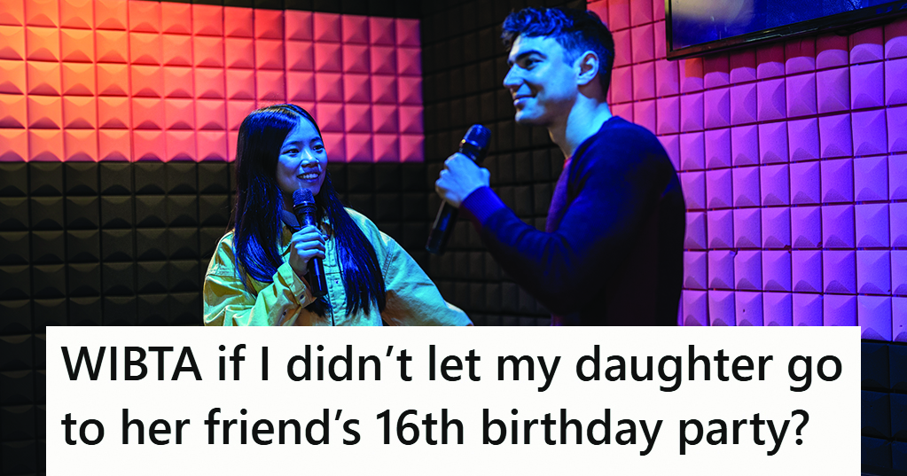 man and woman stand in front of colorful background holding microphones