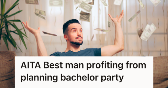 man sitting on a couch with cash raining down on him