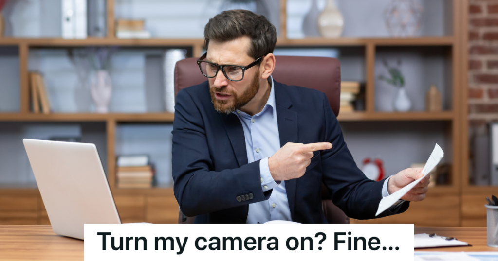 man pointing at paper while on computer meeting