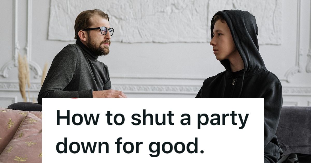 man in black shirt and teenage boy in black hoodie look at each other
