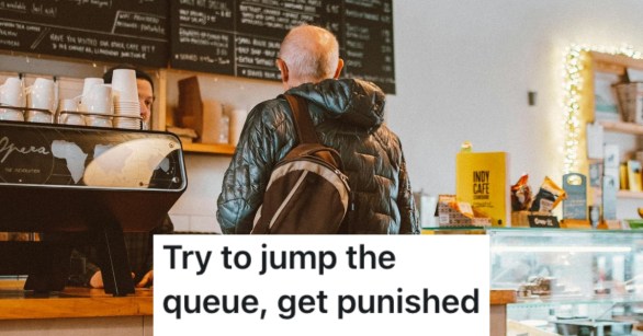 man standing in line at bakery