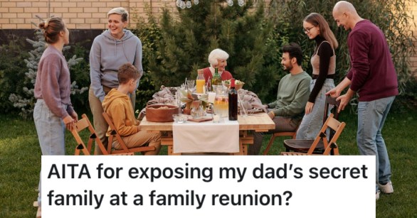 family eating at table outside