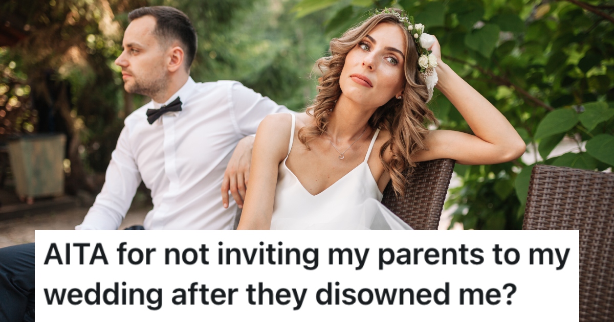 Her Parents Disowned Her Because Of The Choices Shes Made, So Shes Not Inviting Them To Her Wedding newlywed couple on a bench