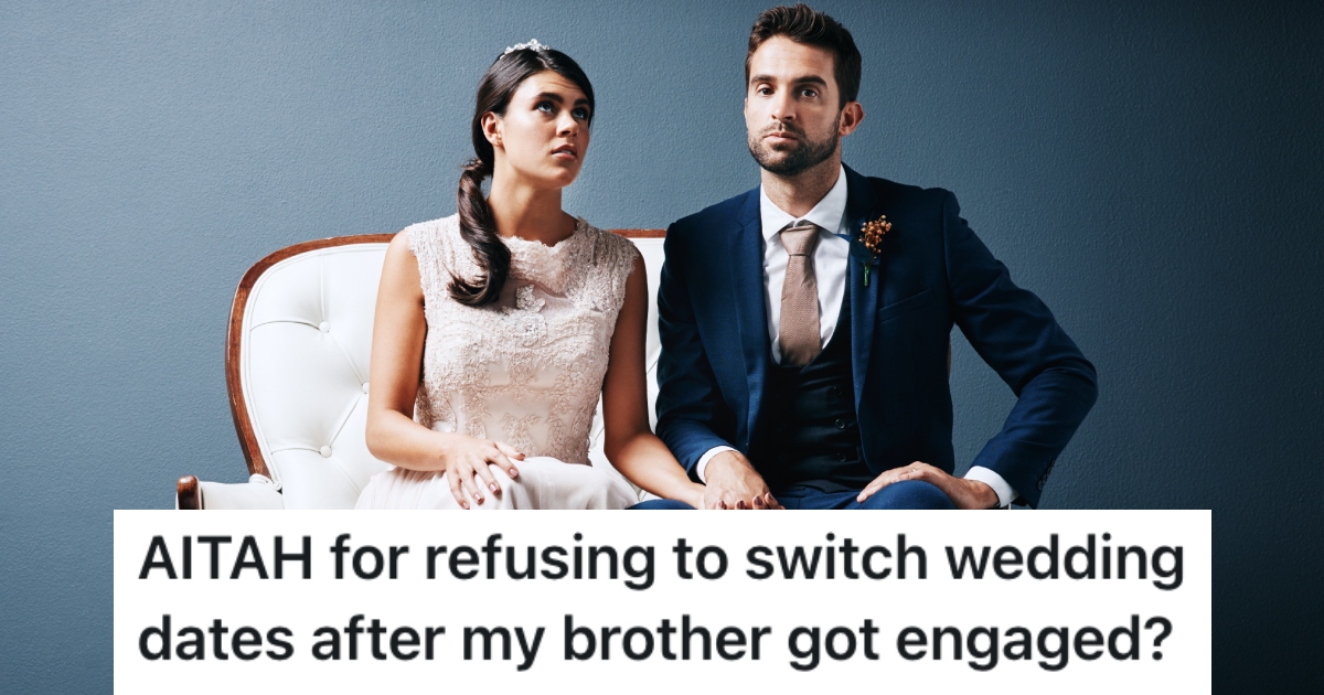 Brother Wants To Get Married The Same Day As Them, And He Refuses To Change His Plans a concerned couple on their wedding day