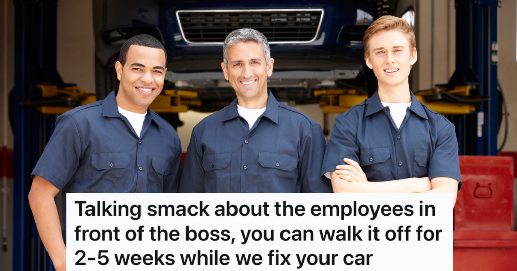 three smiling mechanics at autobody shop