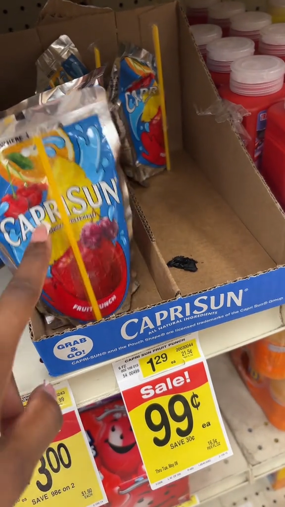 Capri Suns on a grocery store shelf