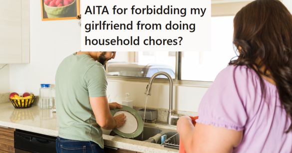 Man doing dishes while woman watches