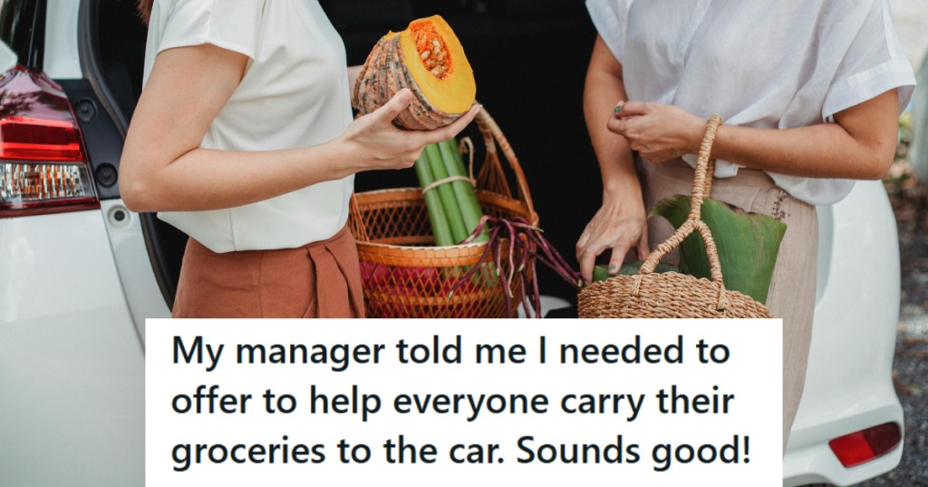 Woman helping another woman put groceries in the car