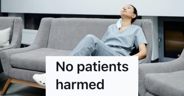 Nurse leaning back, exhausted.