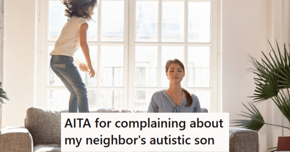 Kid jumping on couch with mom meditating