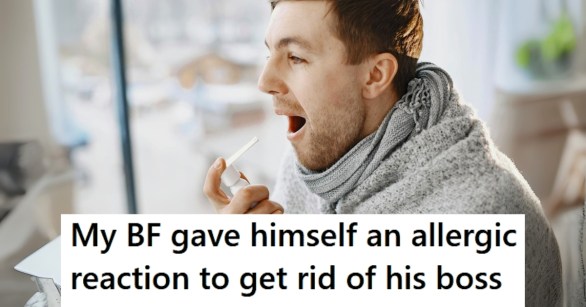 Sick man using inhaler