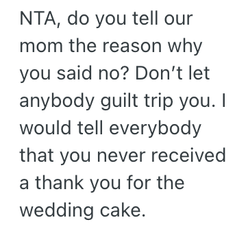 Screenshot 2025 04 06 at 8.35.17 PM Her Sister in Law Never Thanked Her For The Free Wedding Cake She Baked, So Now She Refuses To Help With Her Baby Shower