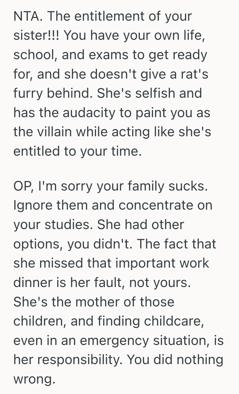 Screenshot 2025 04 27 at 5.47.09 PM Hardworking Student Chose To Prioritize Her Education Over Her Sisters Constant Last Minute Babysitting Requests, But Her Decision Is Turning Her Family Against Her