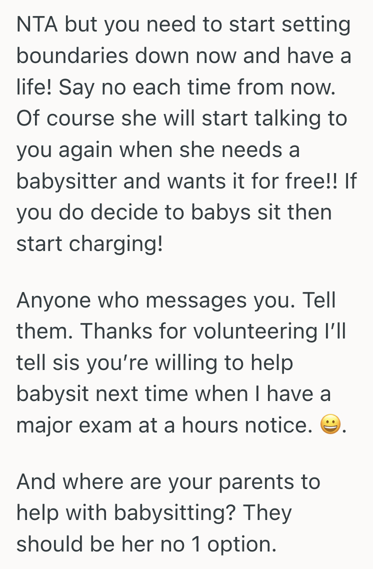 Screenshot 2025 04 27 at 5.49.34 PM Hardworking Student Chose To Prioritize Her Education Over Her Sisters Constant Last Minute Babysitting Requests, But Her Decision Is Turning Her Family Against Her