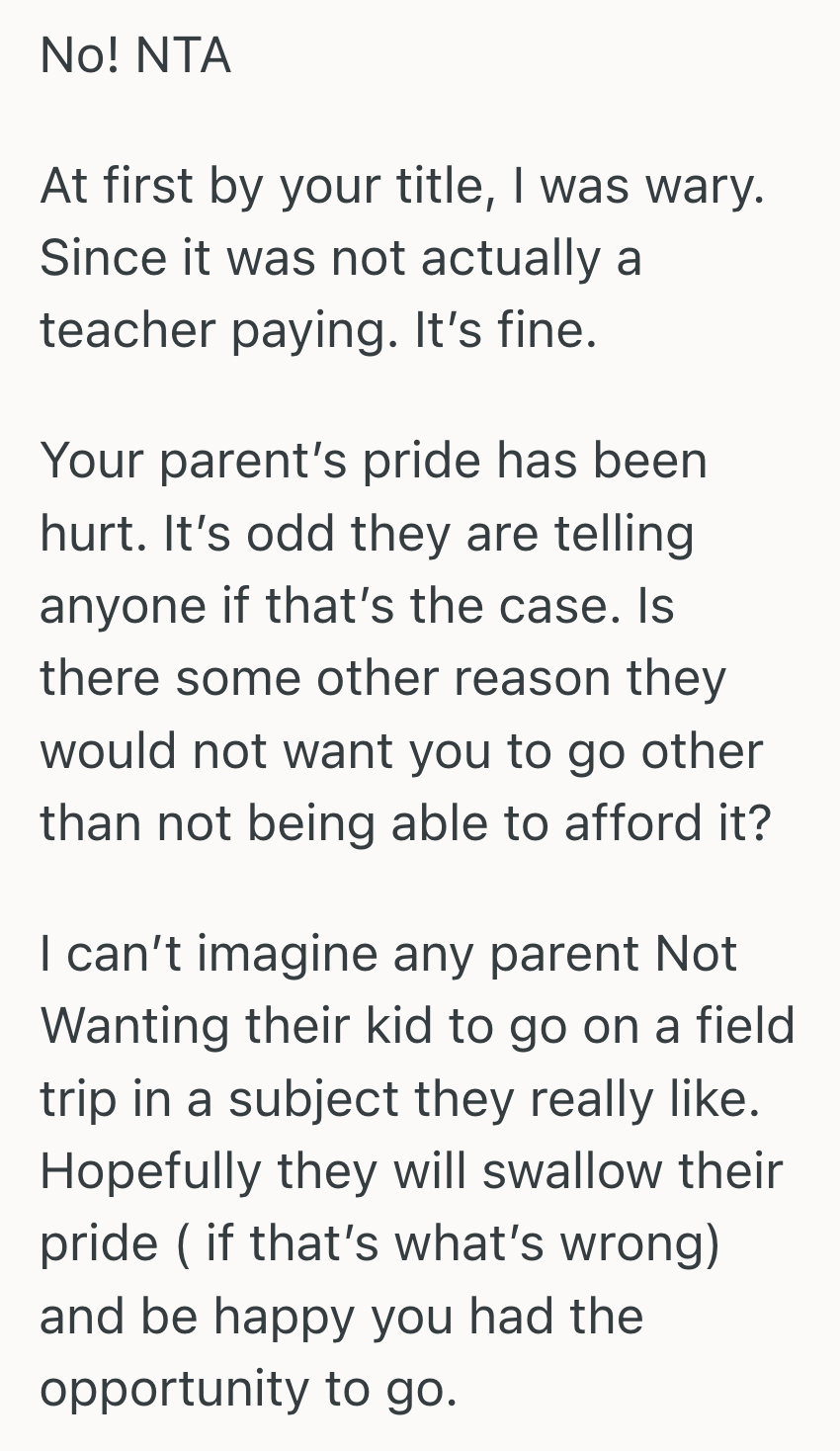 Screenshot 2025 04 28 at 12.37.39 PM Her Parents Refused To Pay For A School Trip, But She Took A Free Ticket From Her Teacher. Now Theyre Accused Her Of Making Them Look Bad.