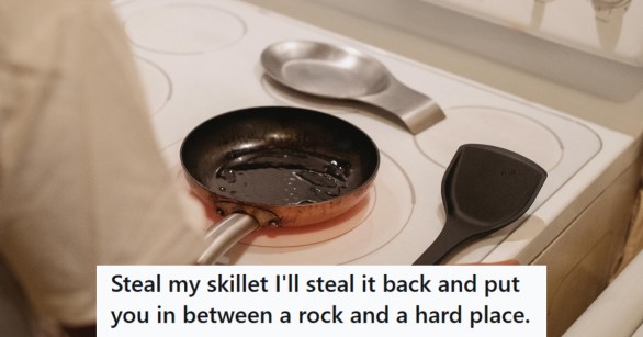 Skillet on the stove as someone gets ready to cook