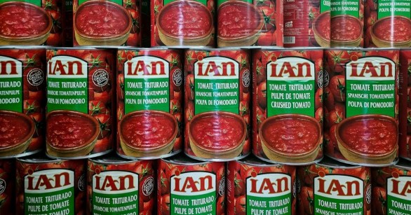 A stack of tinned tomatoes