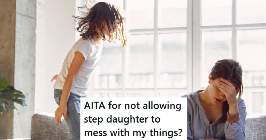 little girl jumping on the couch while her stepmom is upset