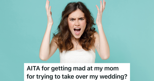 upset woman in a wedding dress throwing her hands up in the air