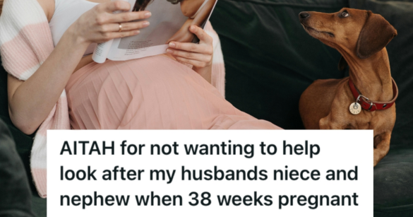 Pregnant woman sitting on the couch and reading a magazine while a dog is sitting beside her