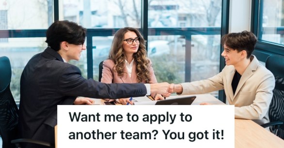 Two men shaking hands as a sign of closing a deal while a female coworker oversees them