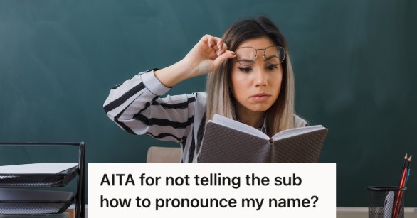 Teacher raised her eyeglassed to read what's written on the notebook