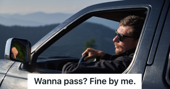 Man with sunglasses driving black car in the mountains
