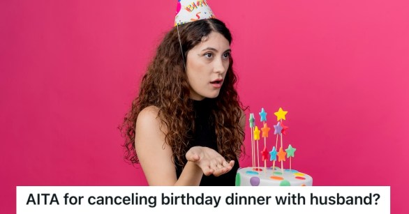 Upset woman wearing a party hat is holding a birthday cake