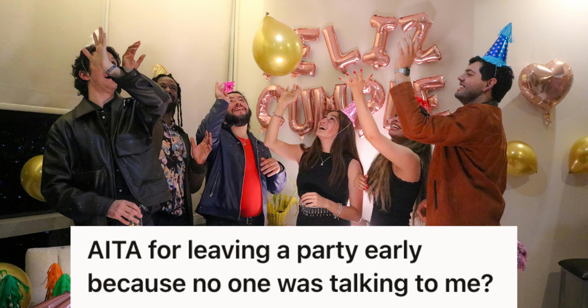 A group of adult friends celebrating a birthday with cake, balloons, and decorations