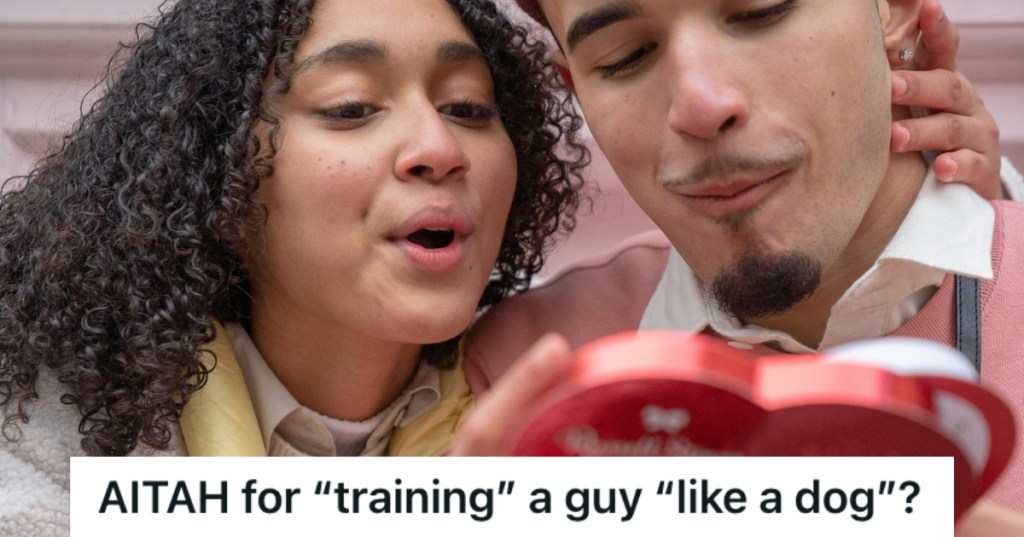 Woman giving a heart-shaped box of chocolates to a man