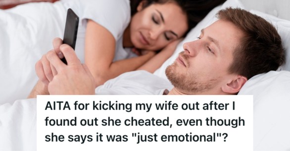 A couple in bed, where the woman is sleeping while the man is holding a phone and reading messages